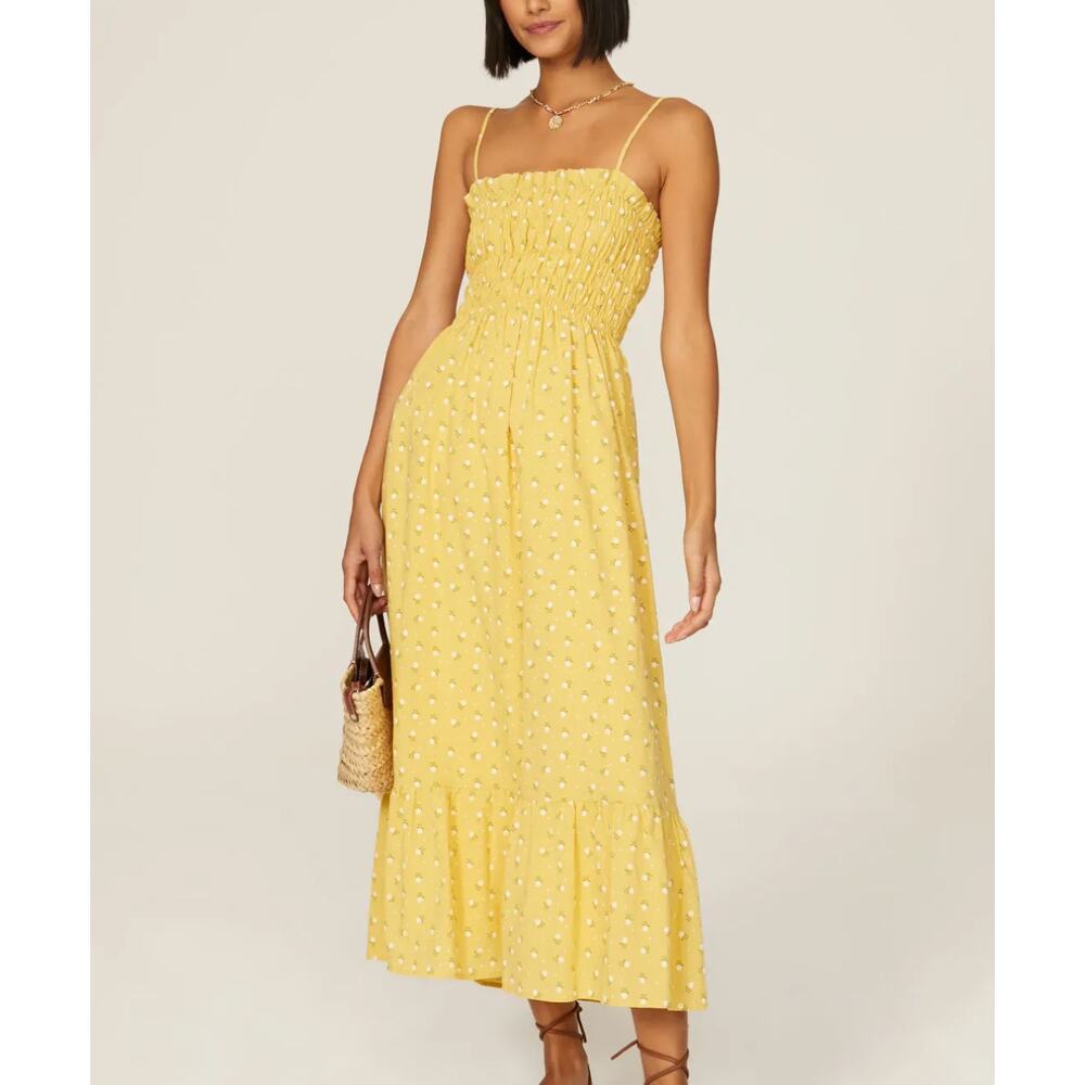 Line & Dot Yellow Smocked Polka Dot Midi Dress